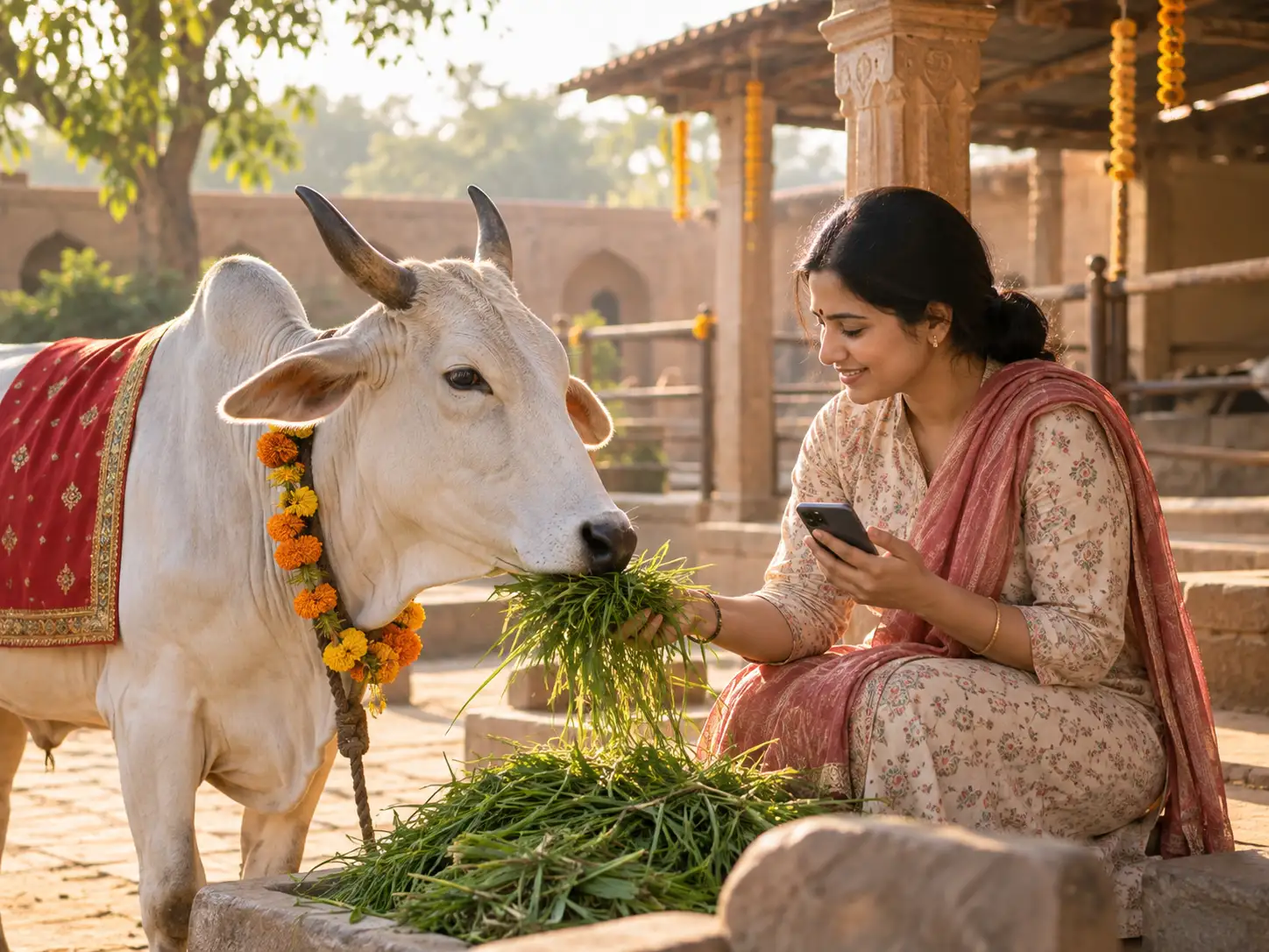 Indian woman feeding a decorated white cow while using a mobile phone in a gaushala