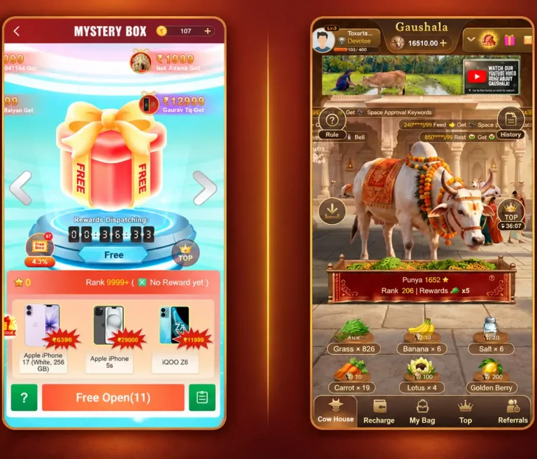 Cowaa vs Crown 11 H5 game comparison showing Cowaa Gaushala cow feeding and Crown 11 Mystery Box gameplay